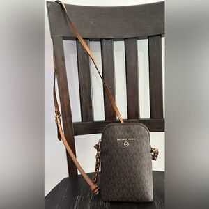 Michael Kors Jet Set Travel Crossbody Bag Brown MK Logo Monogram Purse